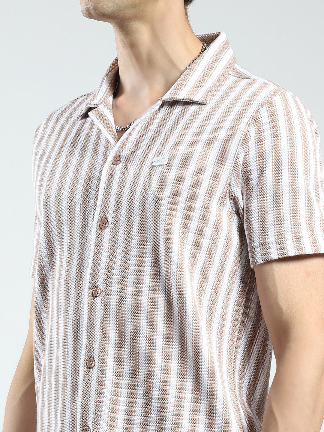 Men Brown Stripe Collar Half Sleeve Shirt