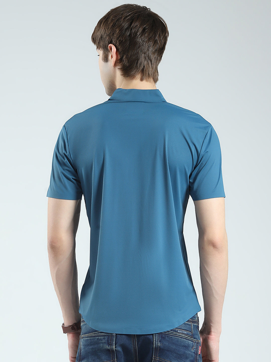 Men Teal Blue Solid Collar Half Sleeve Shirt