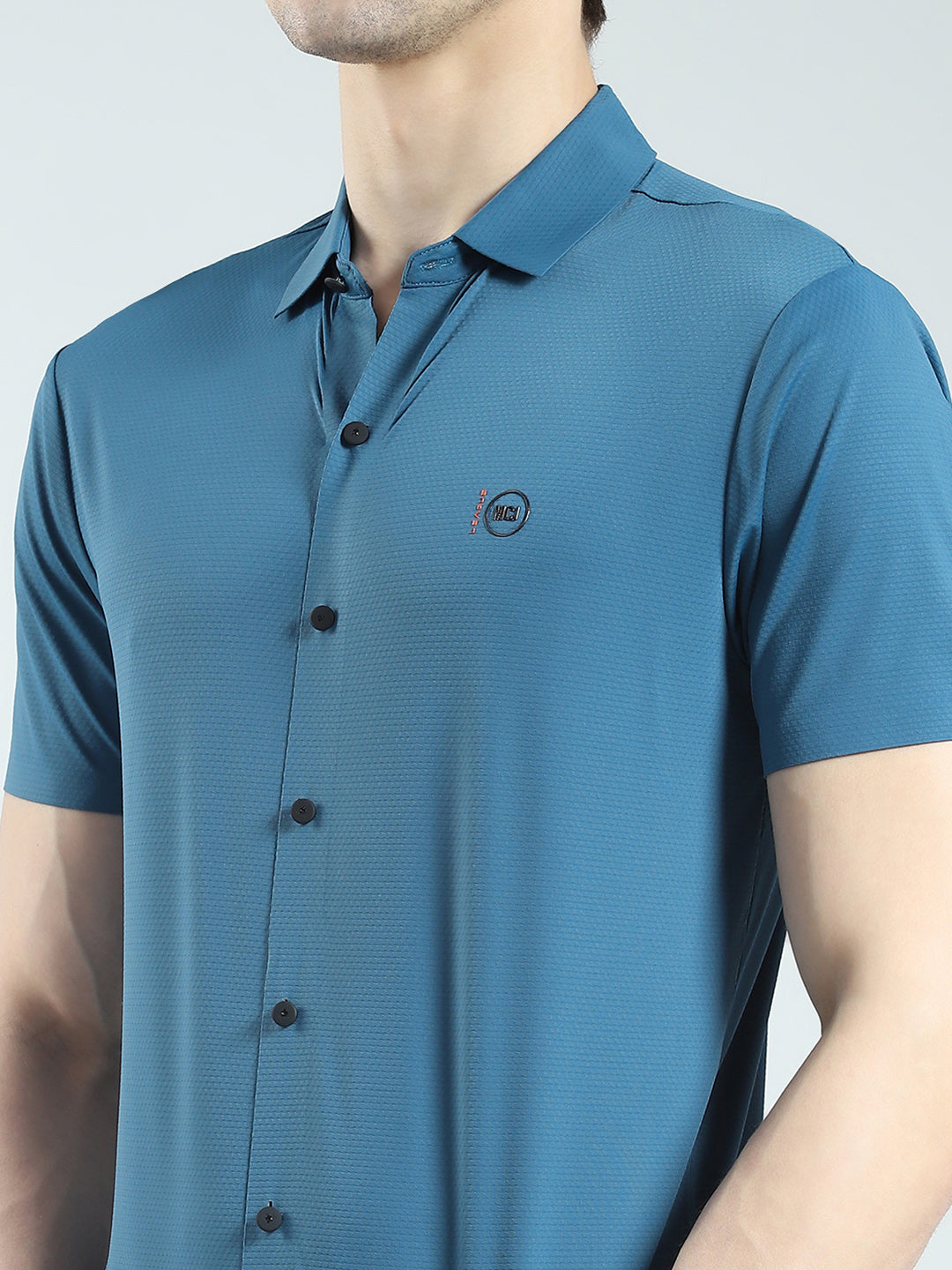 Men Teal Blue Solid Collar Half Sleeve Shirt