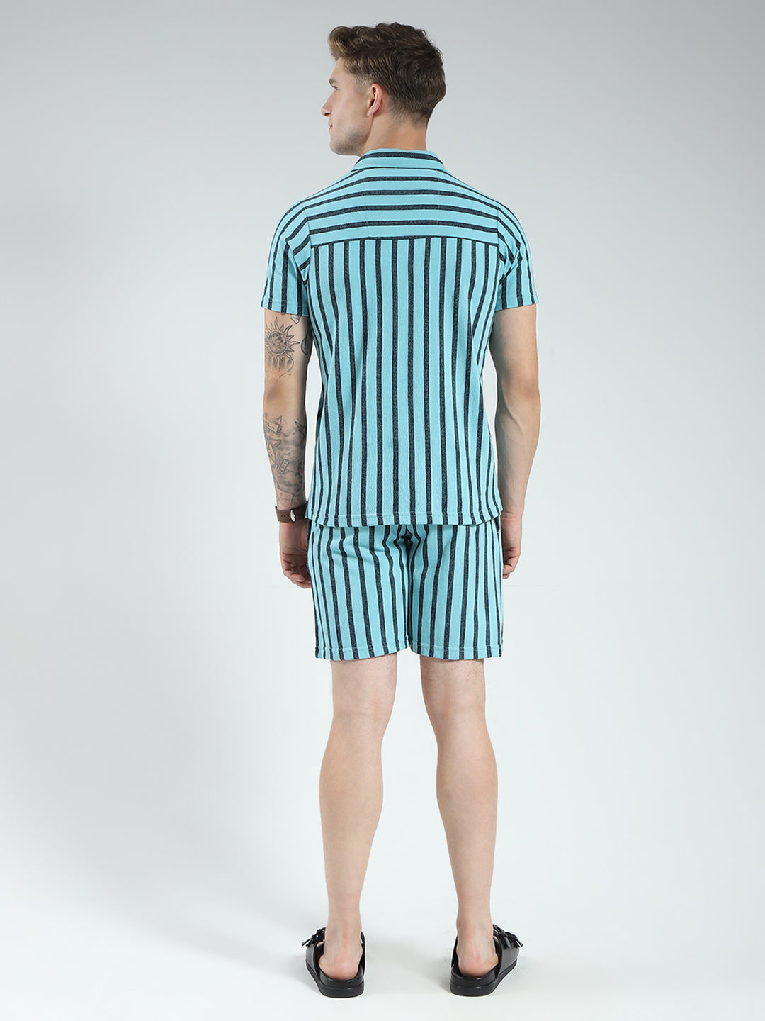 Men Blue Printed Collar Half Sleeve Bermuda Set