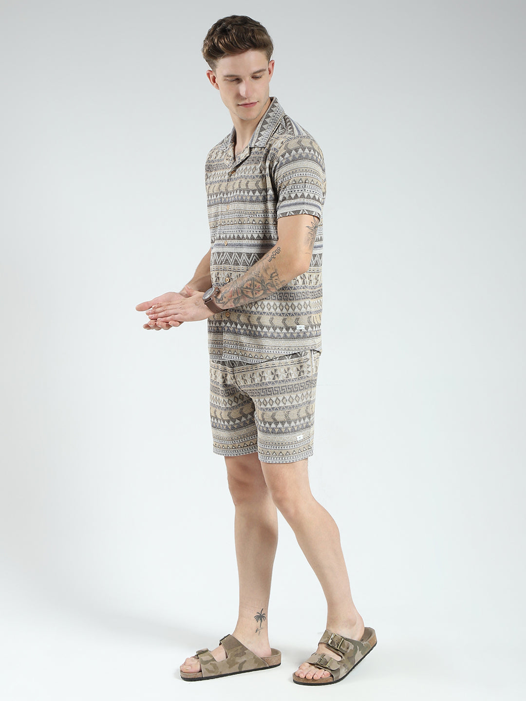 Men Brown Printed Collar Half Sleeve Bermuda Set