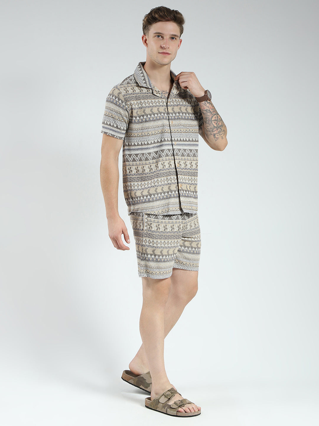 Men Brown Printed Collar Half Sleeve Bermuda Set