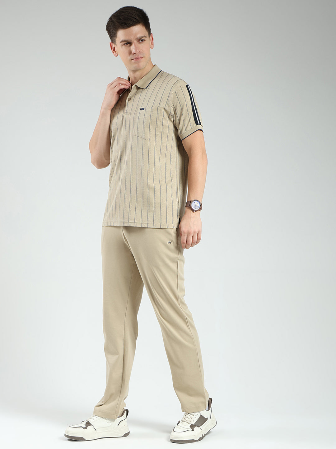 Men Brown Stripe Collar Half Sleeve Lower Set