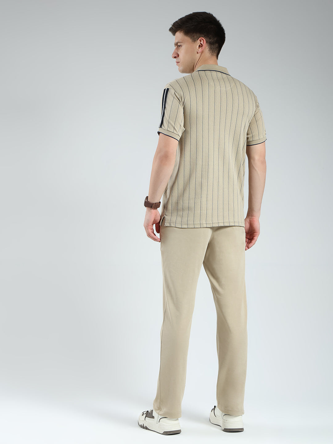 Men Brown Stripe Collar Half Sleeve Lower Set