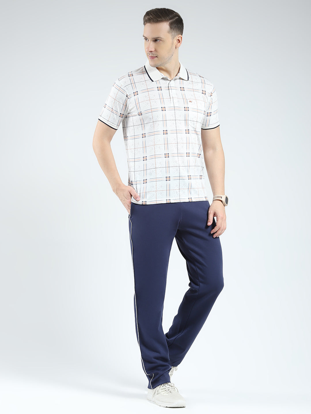 Men White Printed Collar Half Sleeve Lower Set