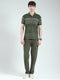 Men Olive Stripe Collar Half Sleeve Lower Set
