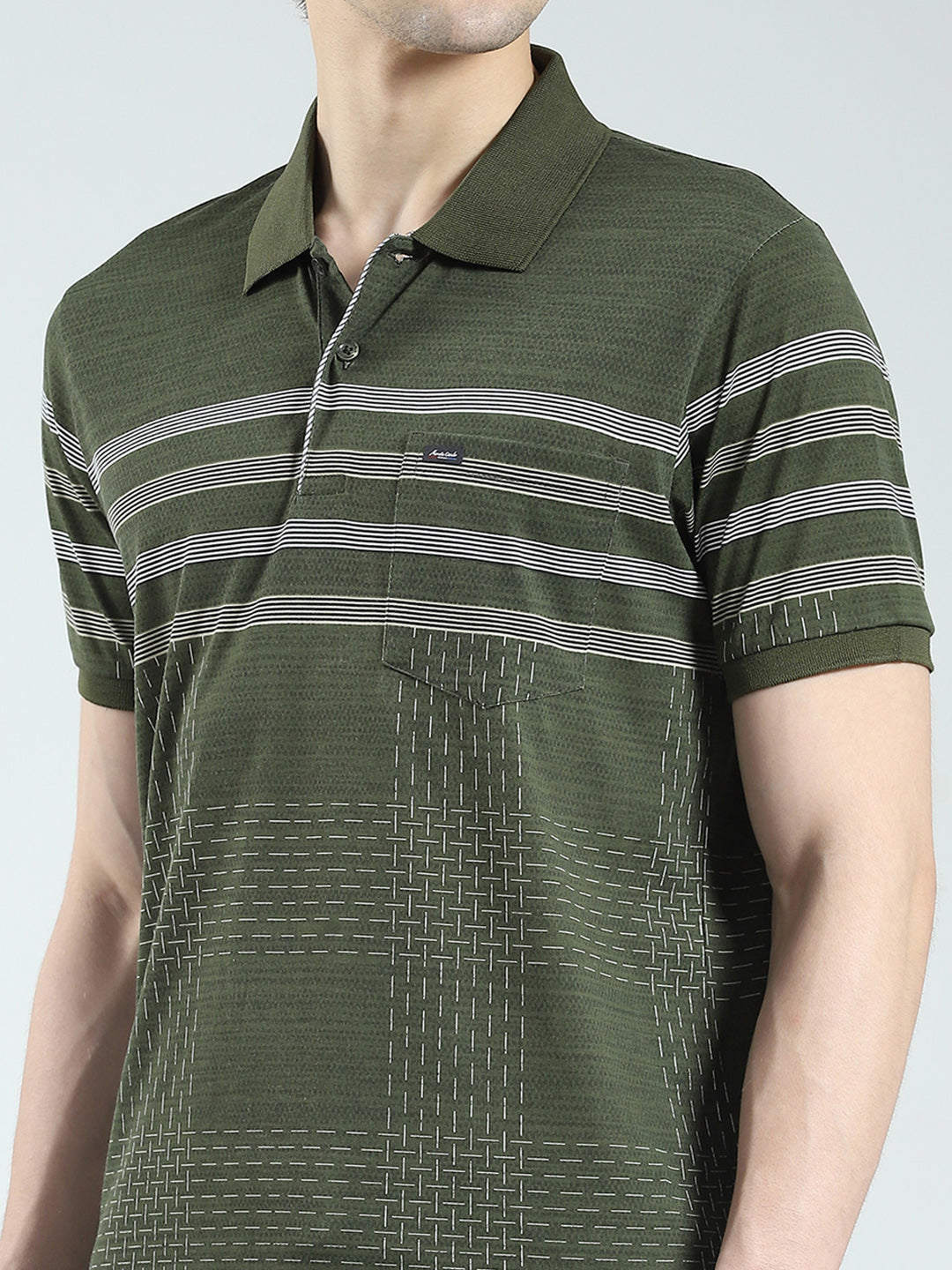 Men Olive Stripe Collar Half Sleeve Lower Set