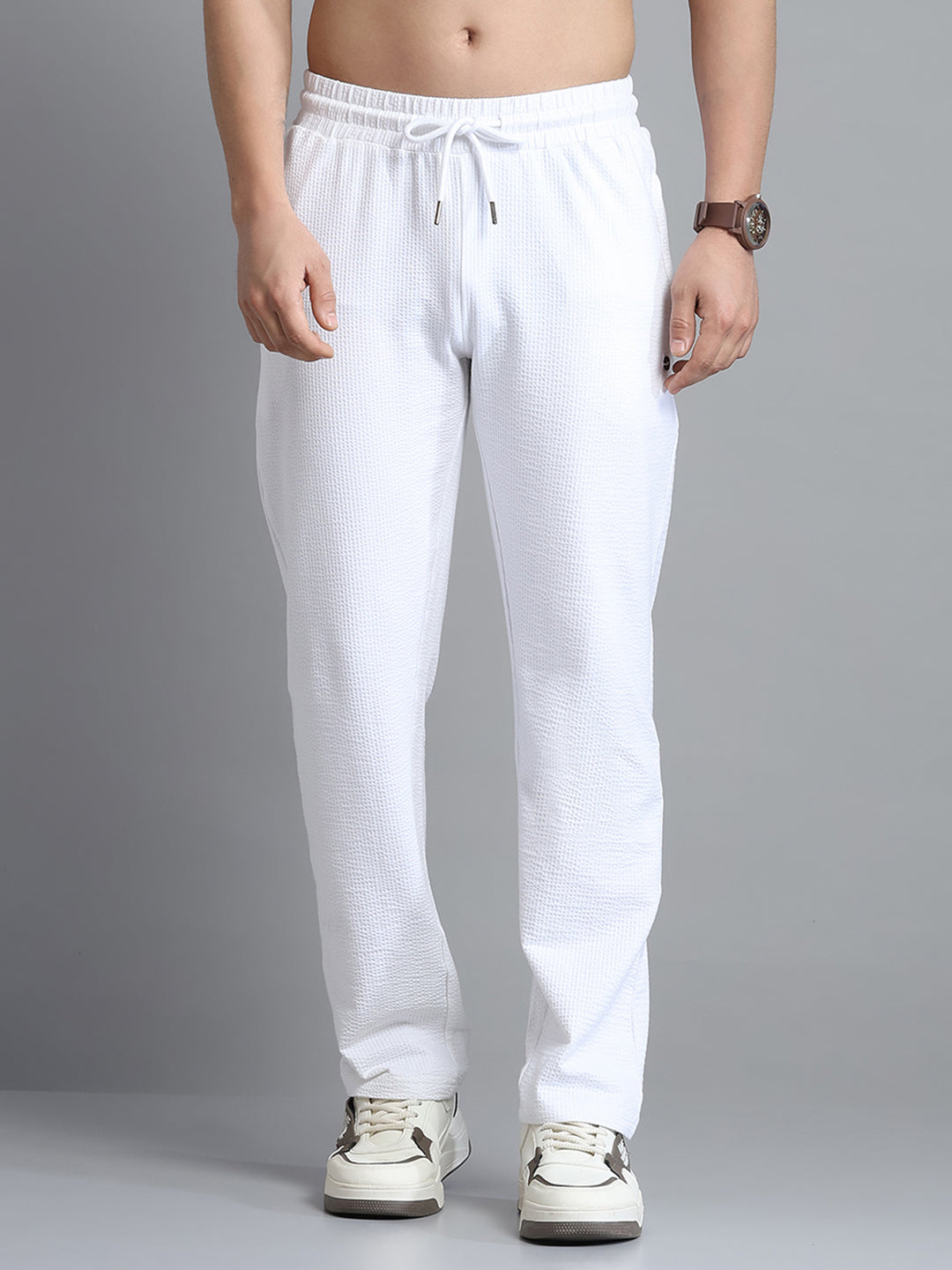 Men White Self Design Collar Half Sleeve Lower Set
