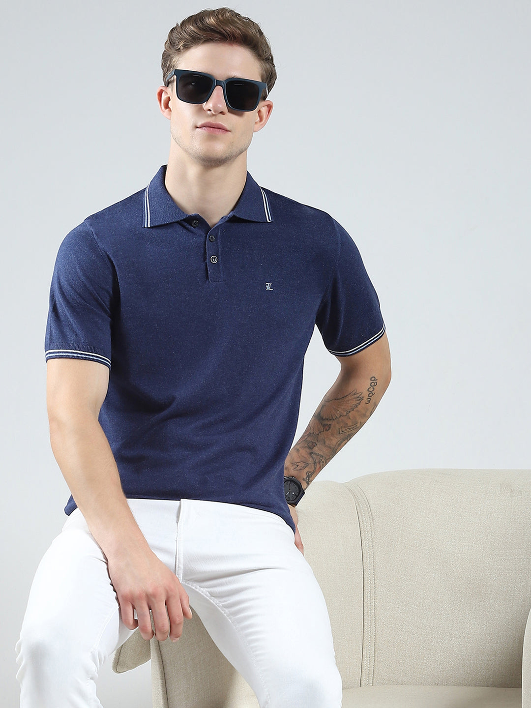 Luxuria Men Navy Blue Solid Collar Half Sleeve T-Shirt