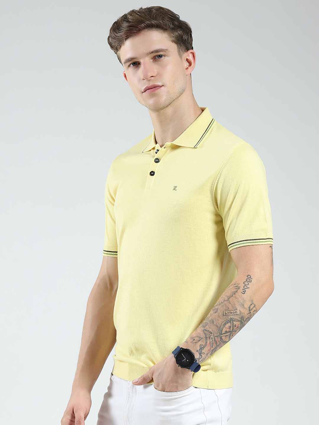 Luxuria Men Yellow Solid Collar Half Sleeve T-Shirt