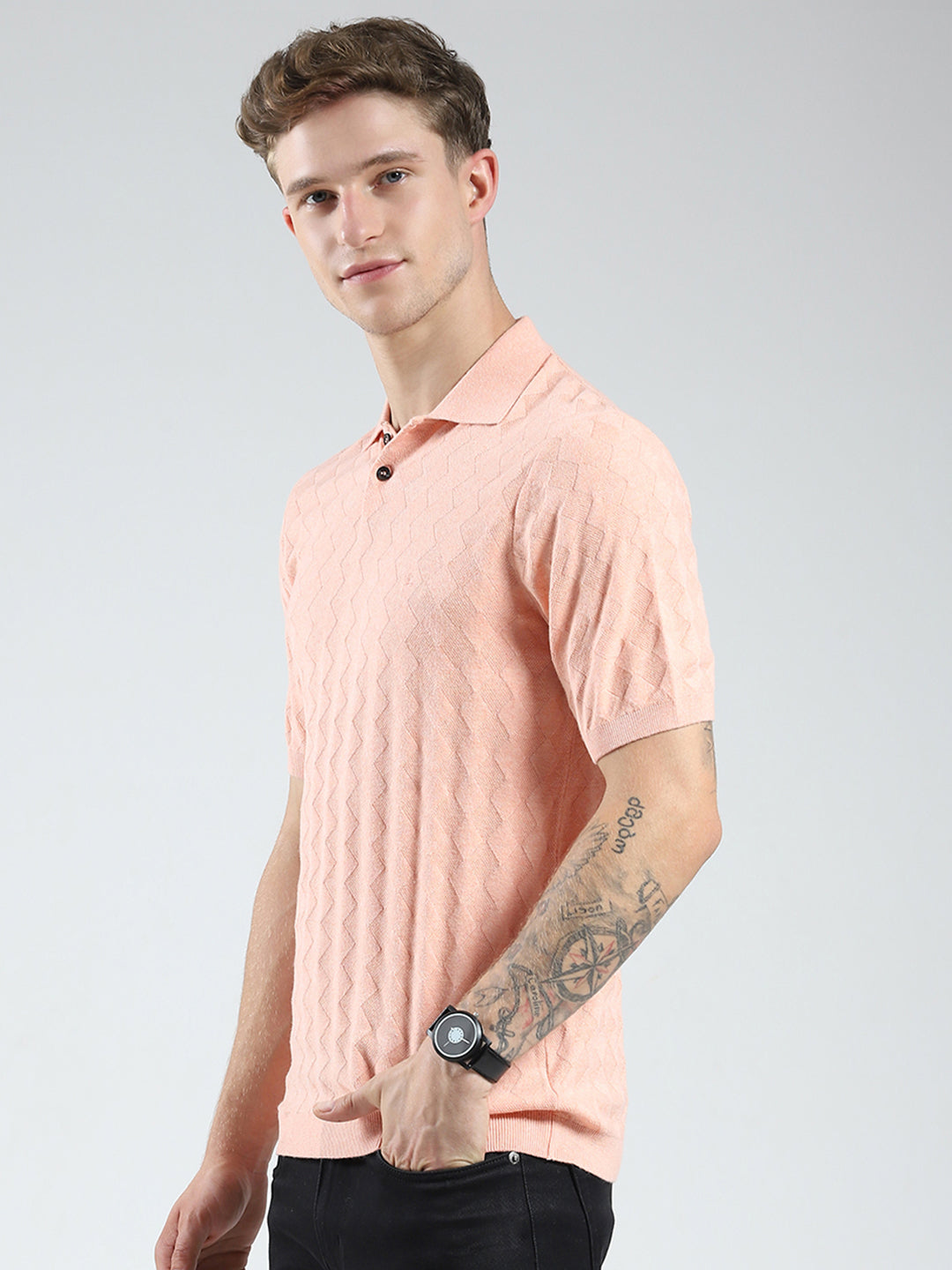 Luxuria Men Coral Self Design Collar Half Sleeve T-Shirt