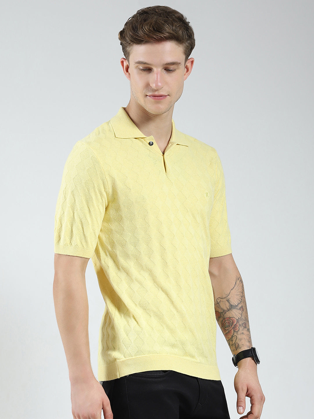 Luxuria Men Yellow Self Design Collar Half Sleeve T-Shirt