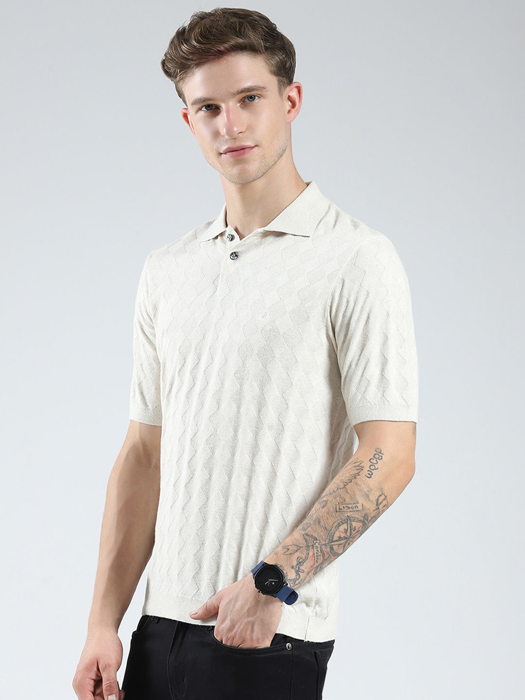 Luxuria Men Beige Self Design Collar Half Sleeve T-Shirt