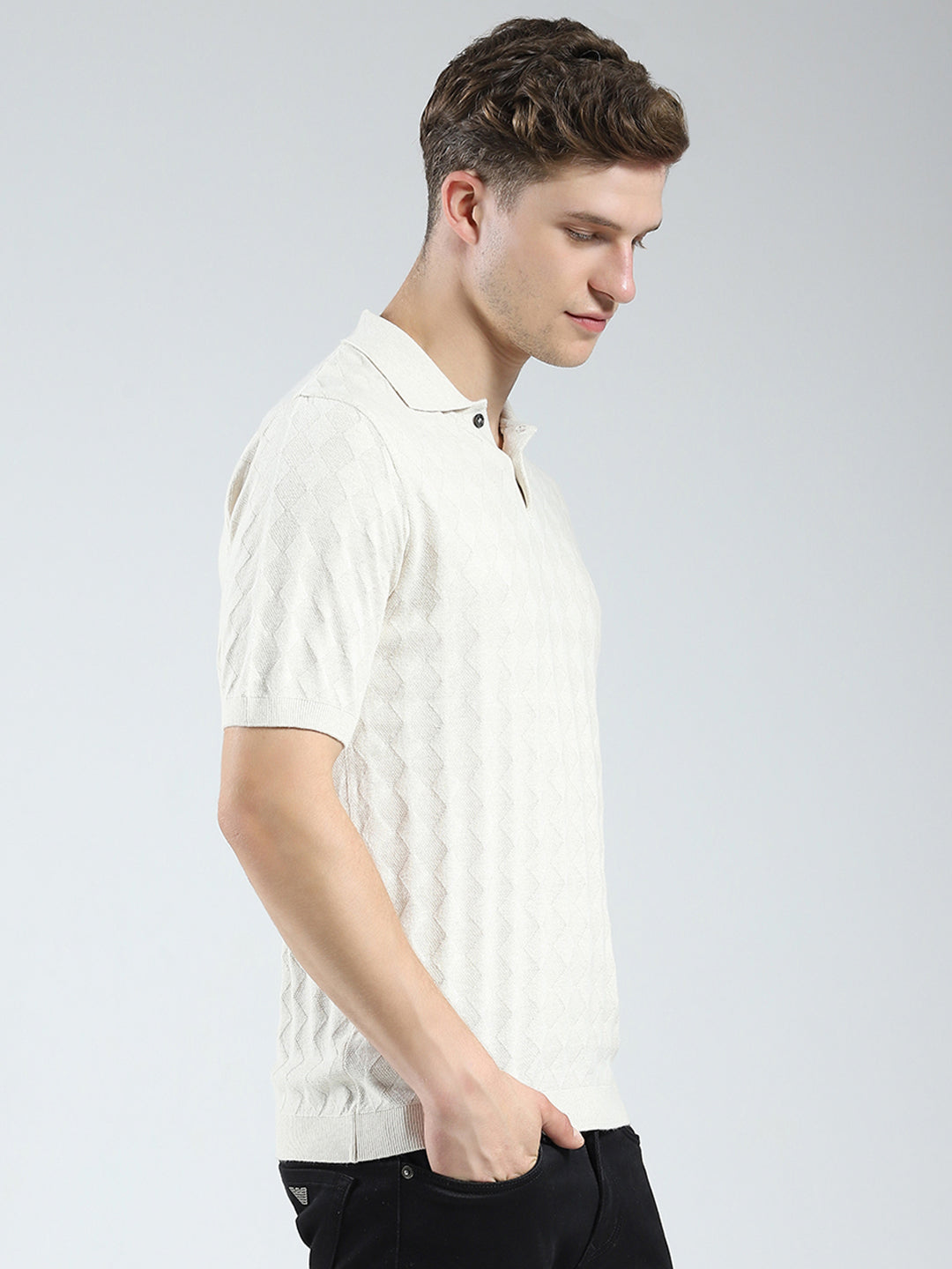 Luxuria Men Beige Self Design Collar Half Sleeve T-Shirt