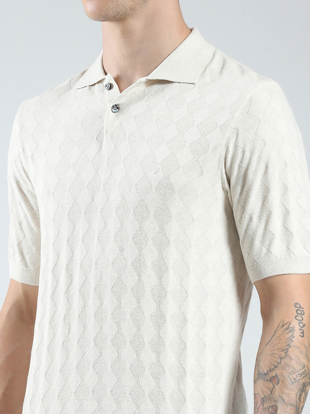 Luxuria Men Beige Self Design Collar Half Sleeve T-Shirt