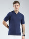 Luxuria Men Navy Blue Self Design Collar Half Sleeve T-Shirt