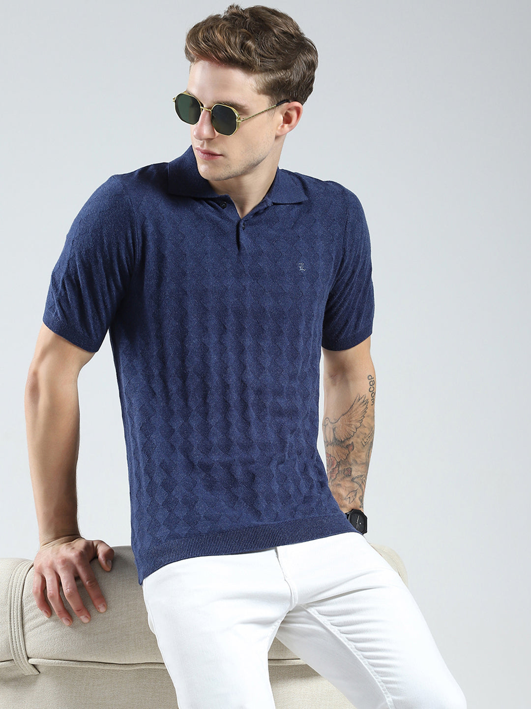 Luxuria Men Navy Blue Self Design Collar Half Sleeve T-Shirt