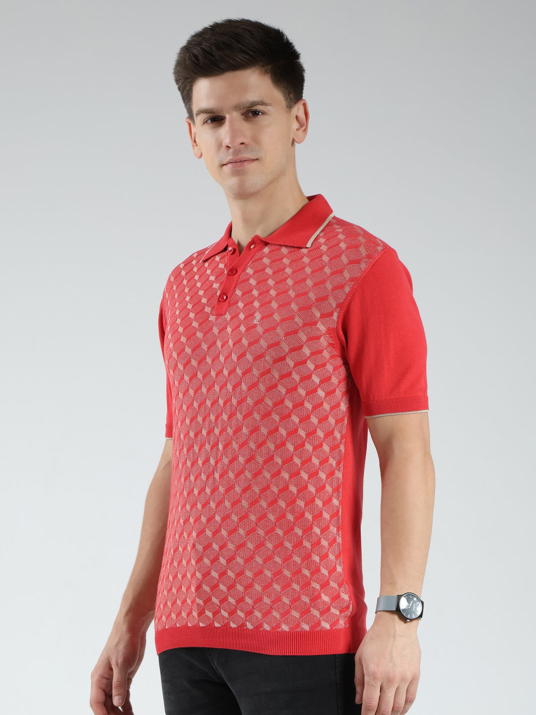 Luxuria Men Red Printed Collar Half Sleeve T-Shirt