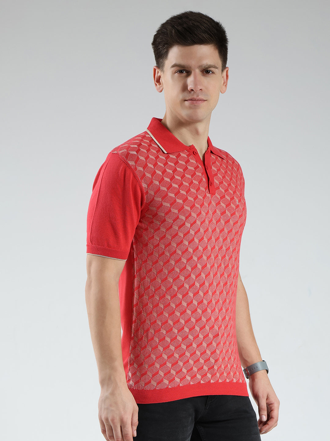 Luxuria Men Red Printed Collar Half Sleeve T-Shirt