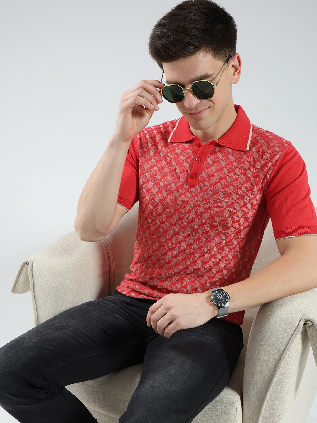 Luxuria Men Red Printed Collar Half Sleeve T-Shirt