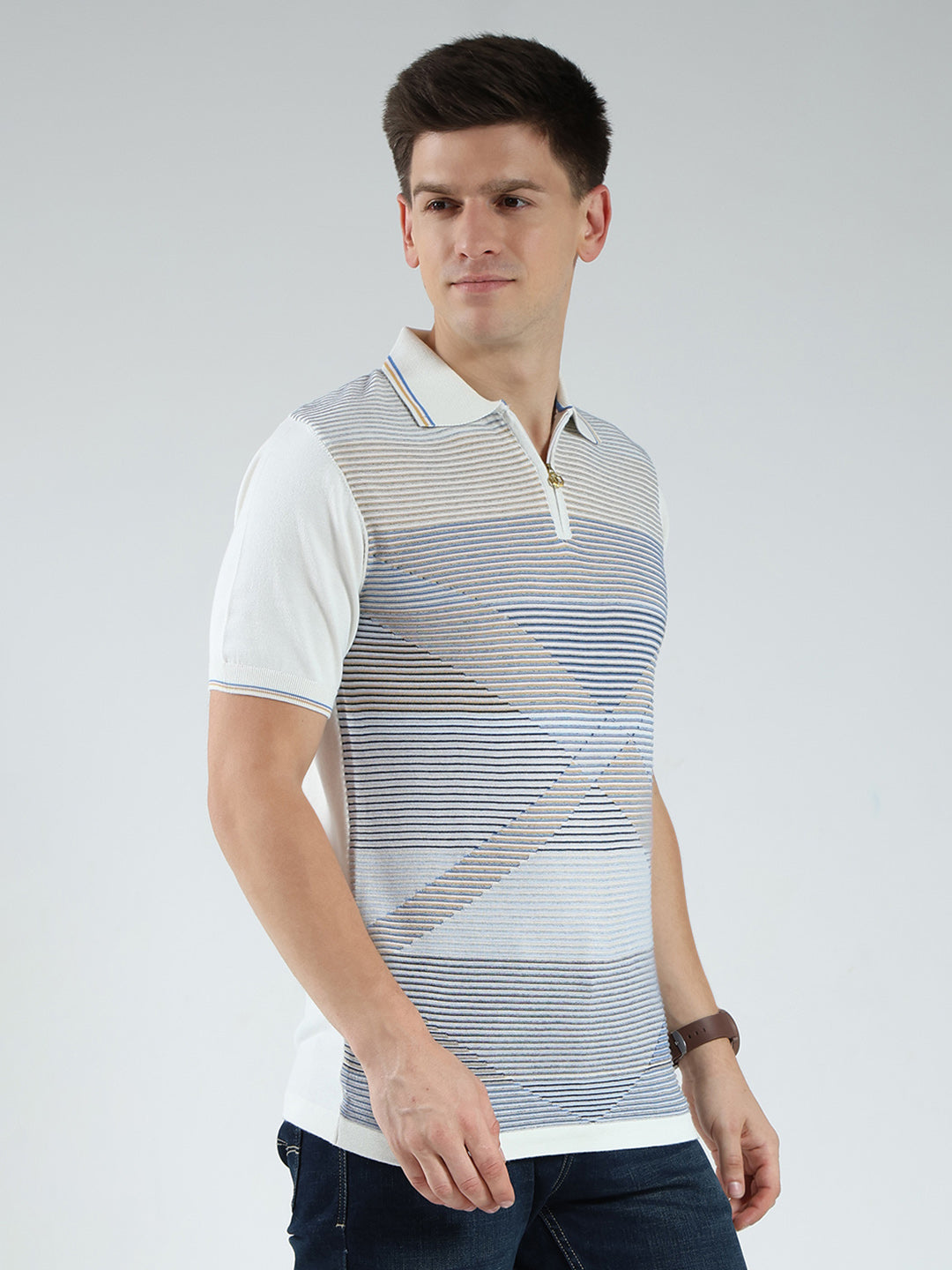 Luxuria Men White Stripe Collar Half Sleeve T-Shirt