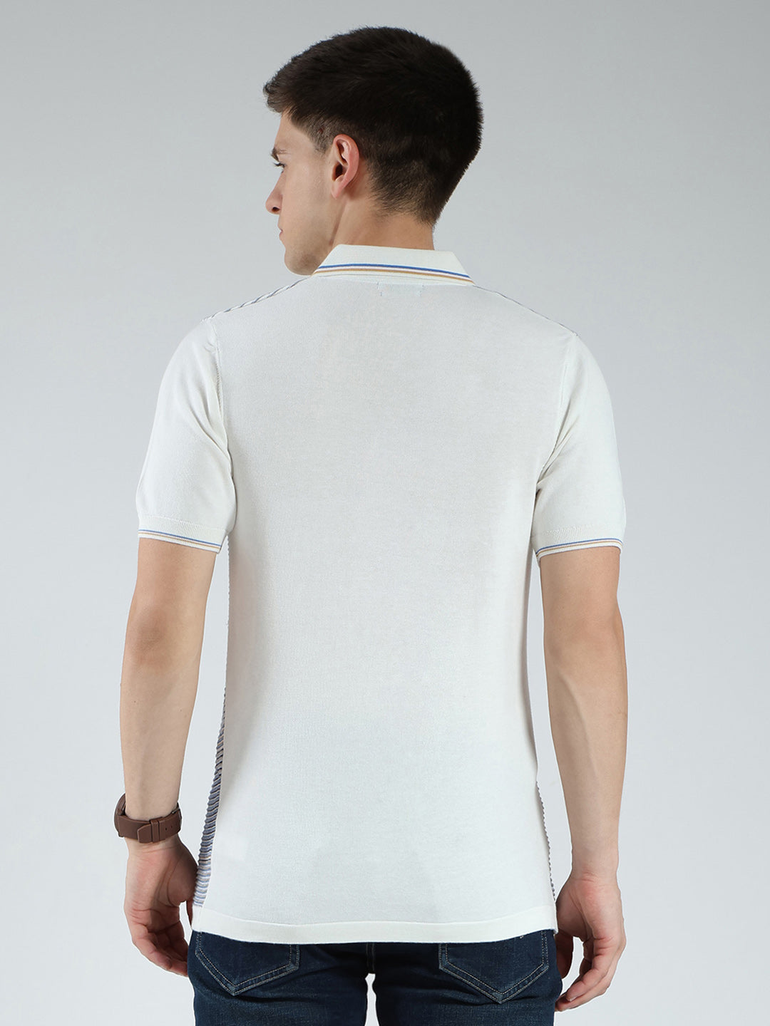 Luxuria Men White Stripe Collar Half Sleeve T-Shirt