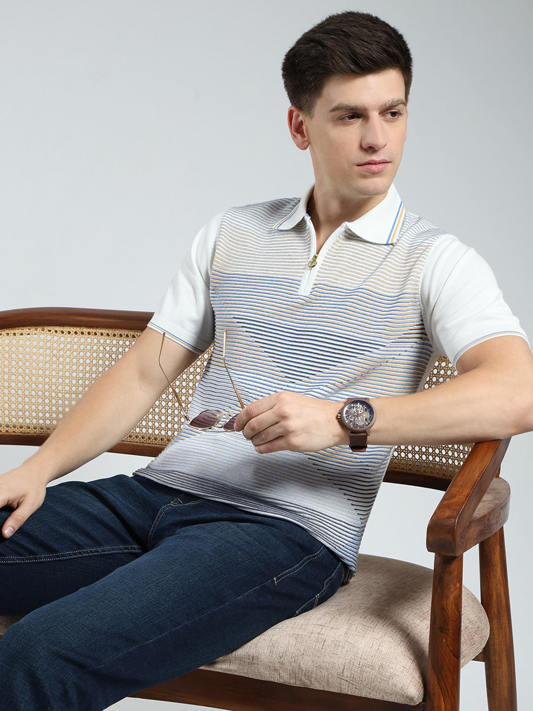 Luxuria Men White Stripe Collar Half Sleeve T-Shirt