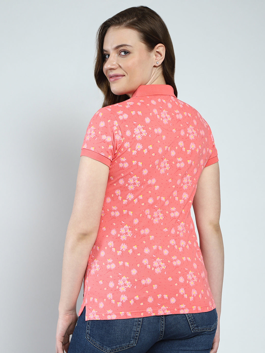 Women Coral Printed Collar Half Sleeve T-Shirt