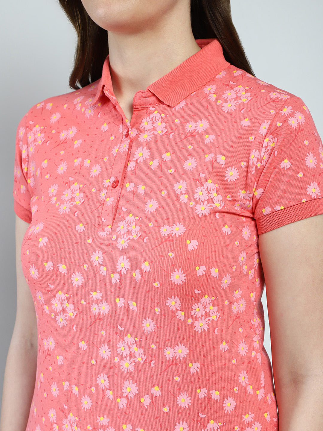 Women Coral Printed Collar Half Sleeve T-Shirt