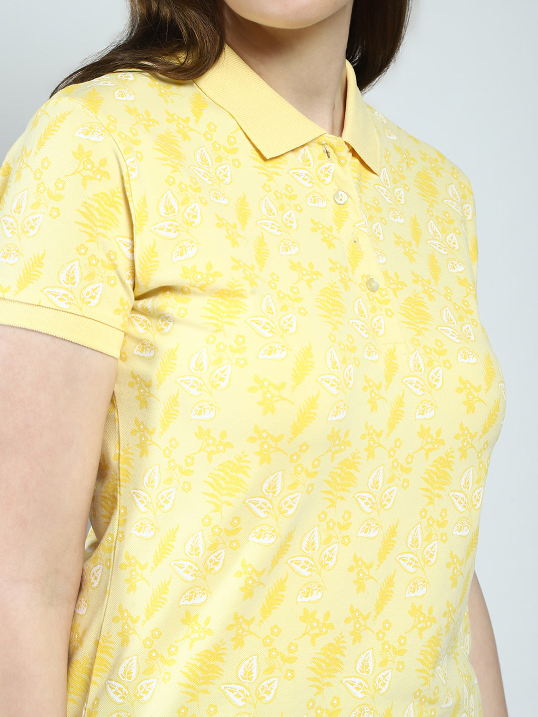 Women Yellow Printed Collar Half Sleeve T-Shirt