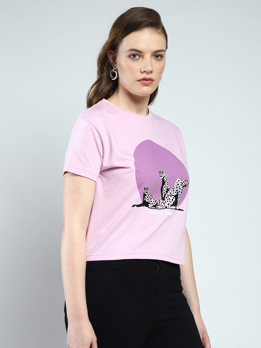 Women Purple Printed Round Neck Half Sleeve Top