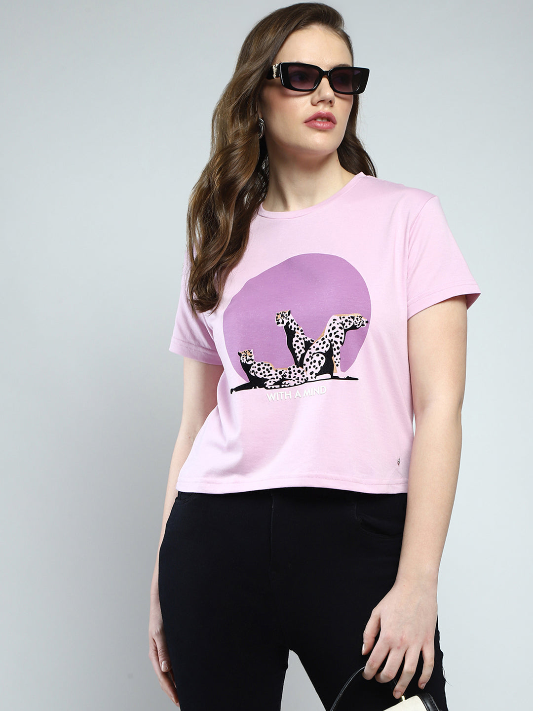 Women Purple Printed Round Neck Half Sleeve Top