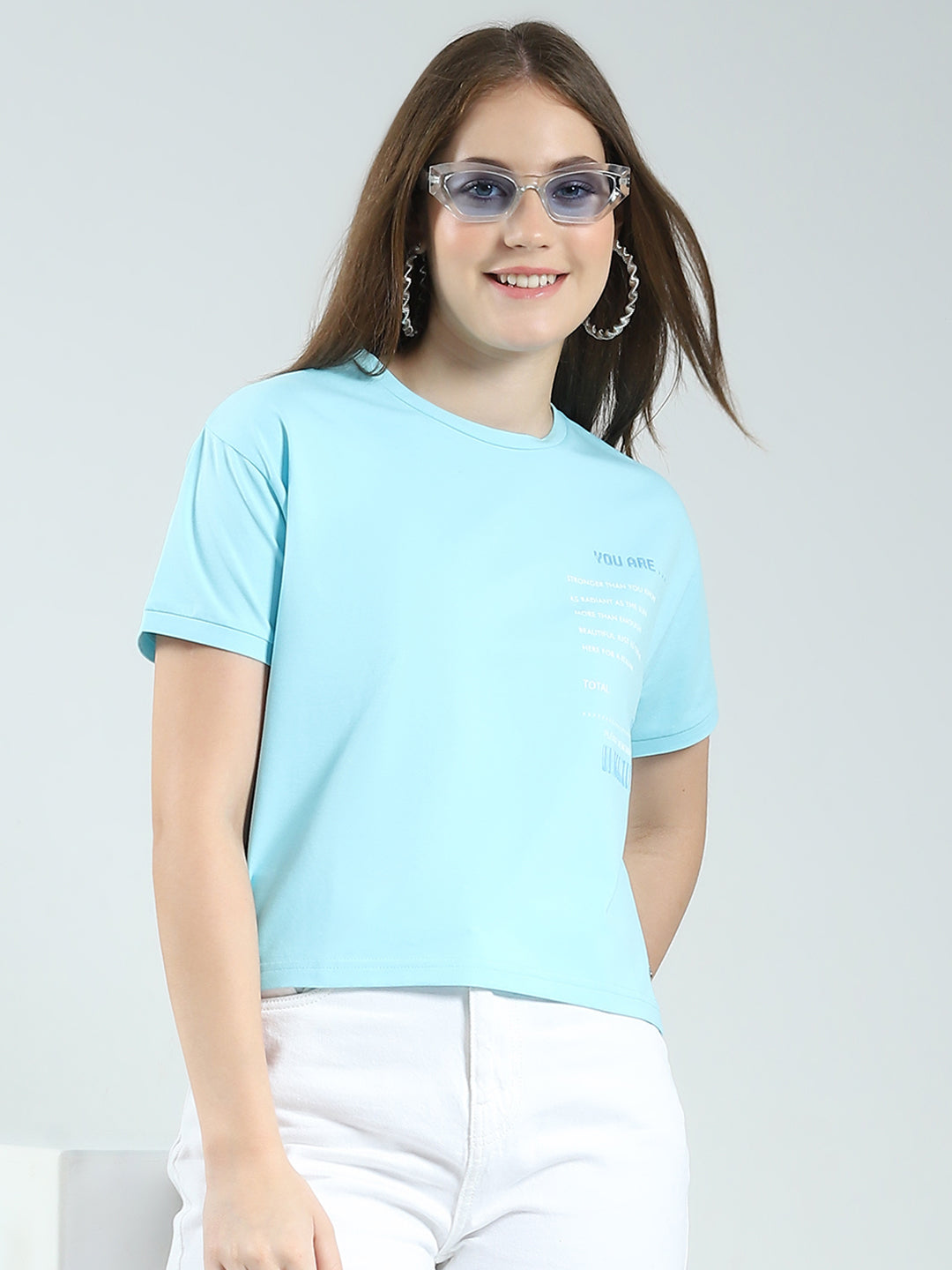 Women Blue Printed Round Neck Half Sleeve Top