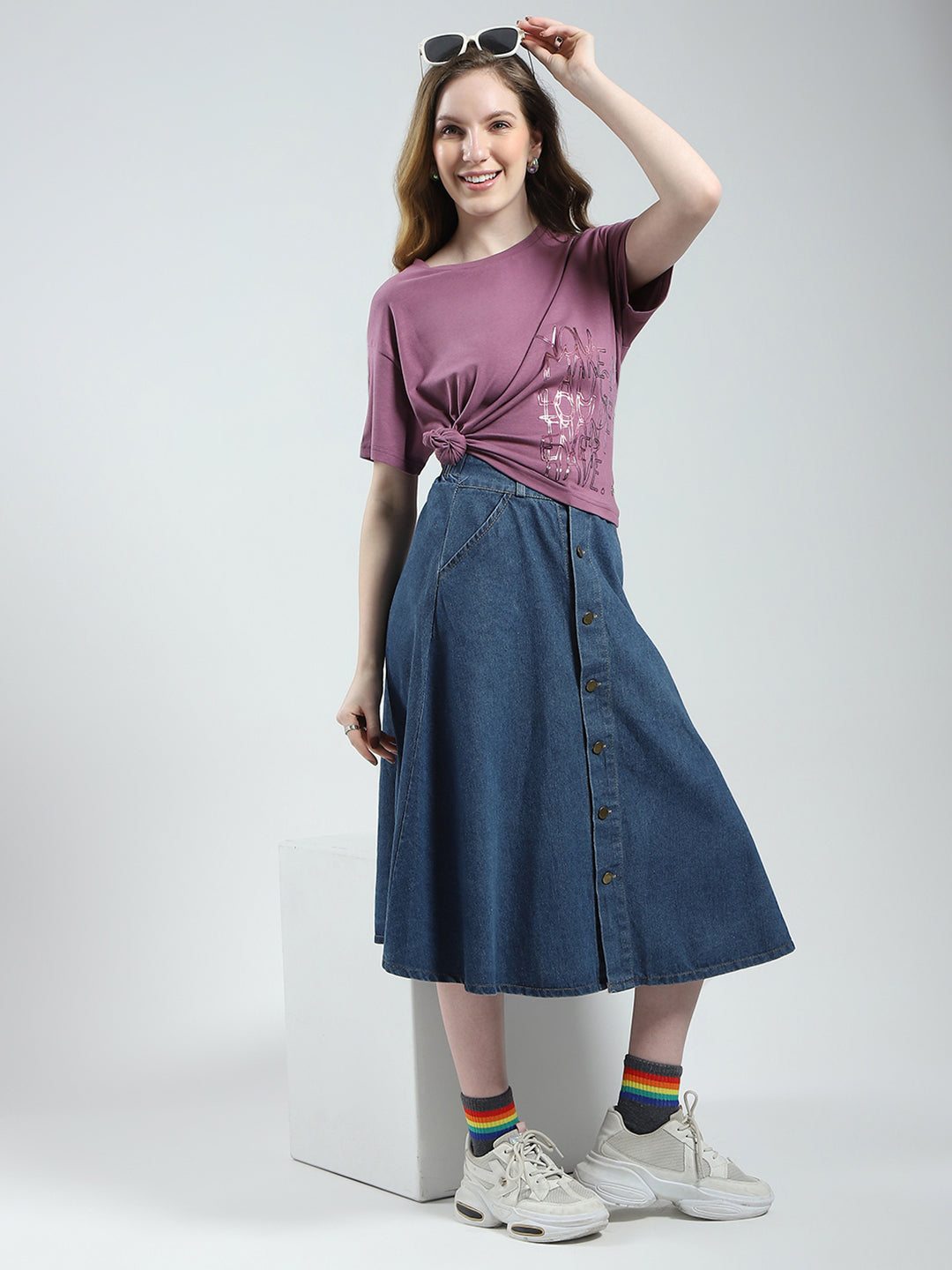 Women Mauve Solid Round Neck Half Sleeve Top