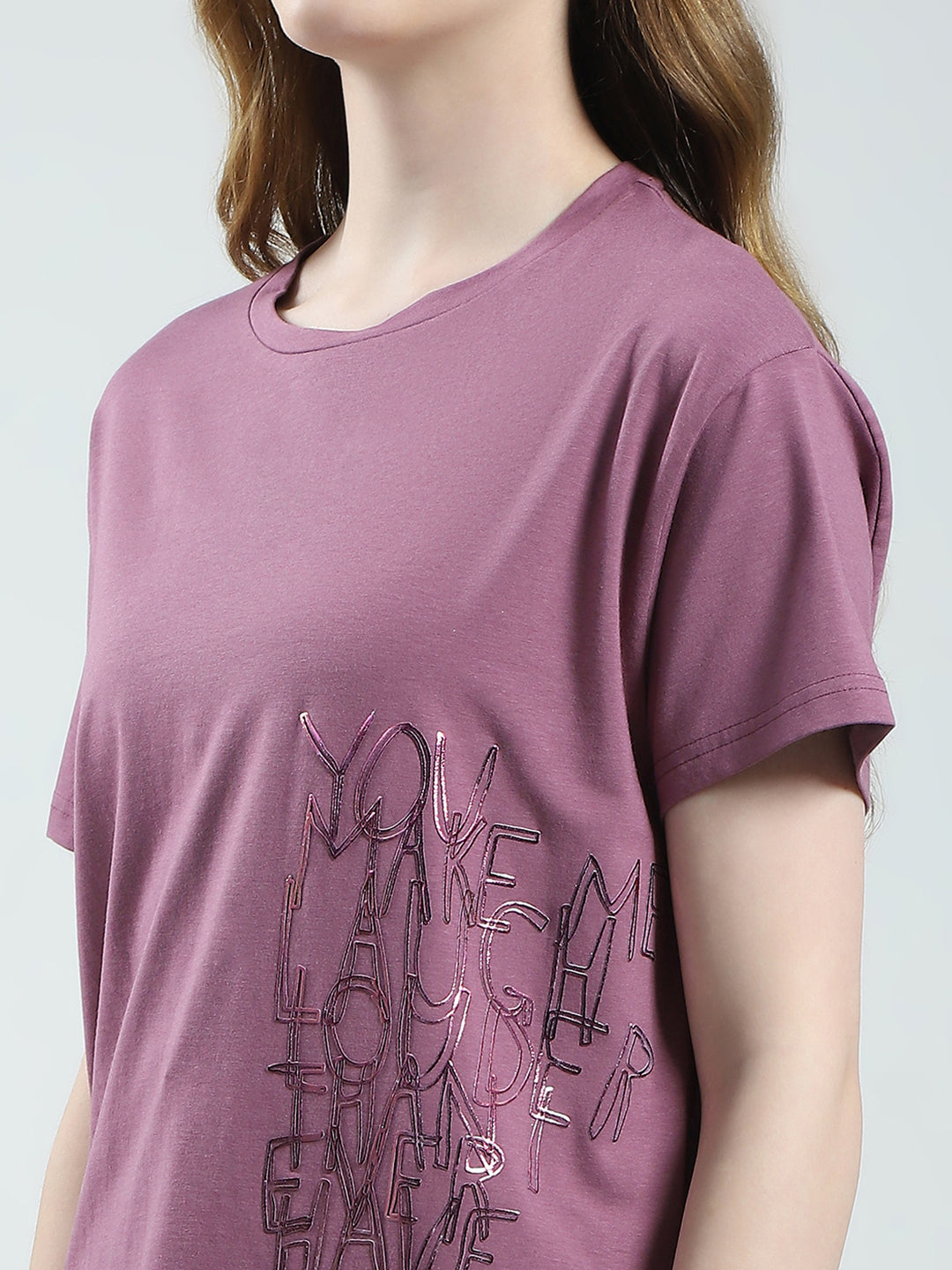 Women Mauve Solid Round Neck Half Sleeve Top