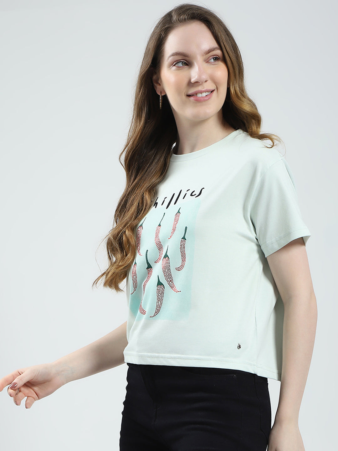 Women Green Printed Round Neck Half Sleeve Top