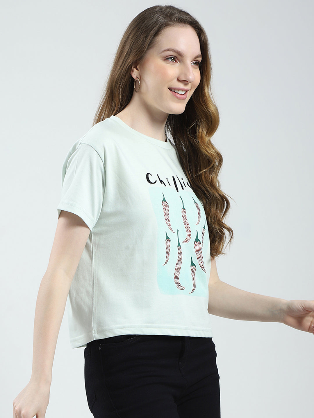 Women Green Printed Round Neck Half Sleeve Top