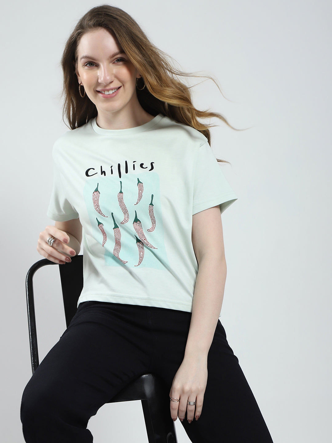 Women Green Printed Round Neck Half Sleeve Top