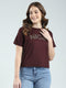 Women Burgundy Embroidered Round Neck Half Sleeve Top