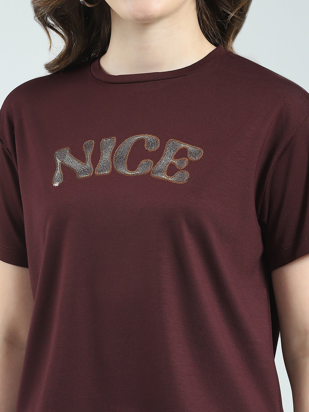 Women Burgundy Embroidered Round Neck Half Sleeve Top