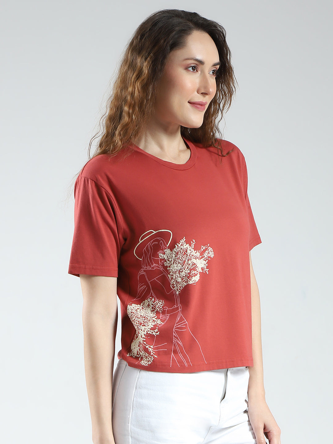 Women Rust Printed Round Neck Half Sleeve Top