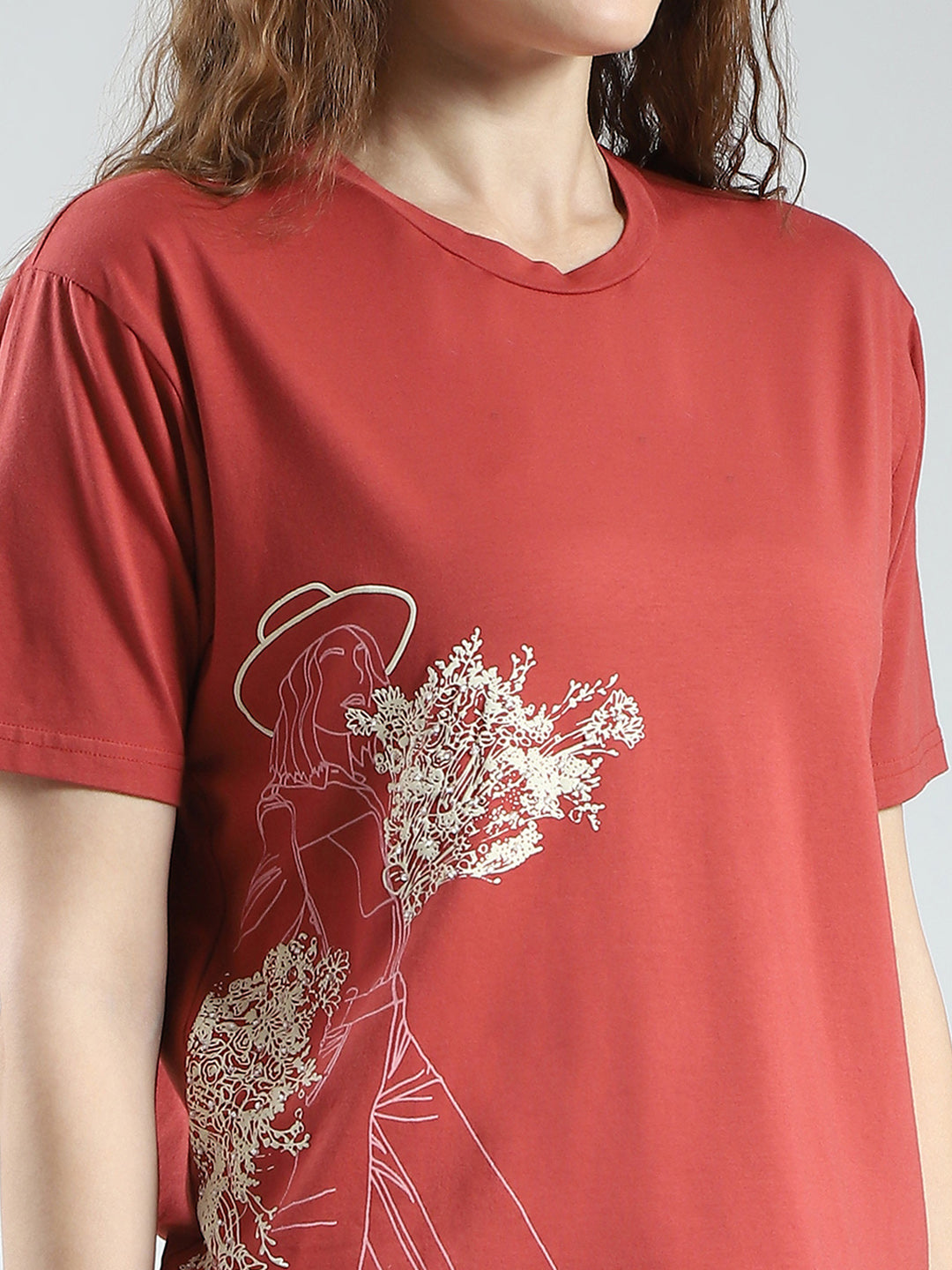 Women Rust Printed Round Neck Half Sleeve Top