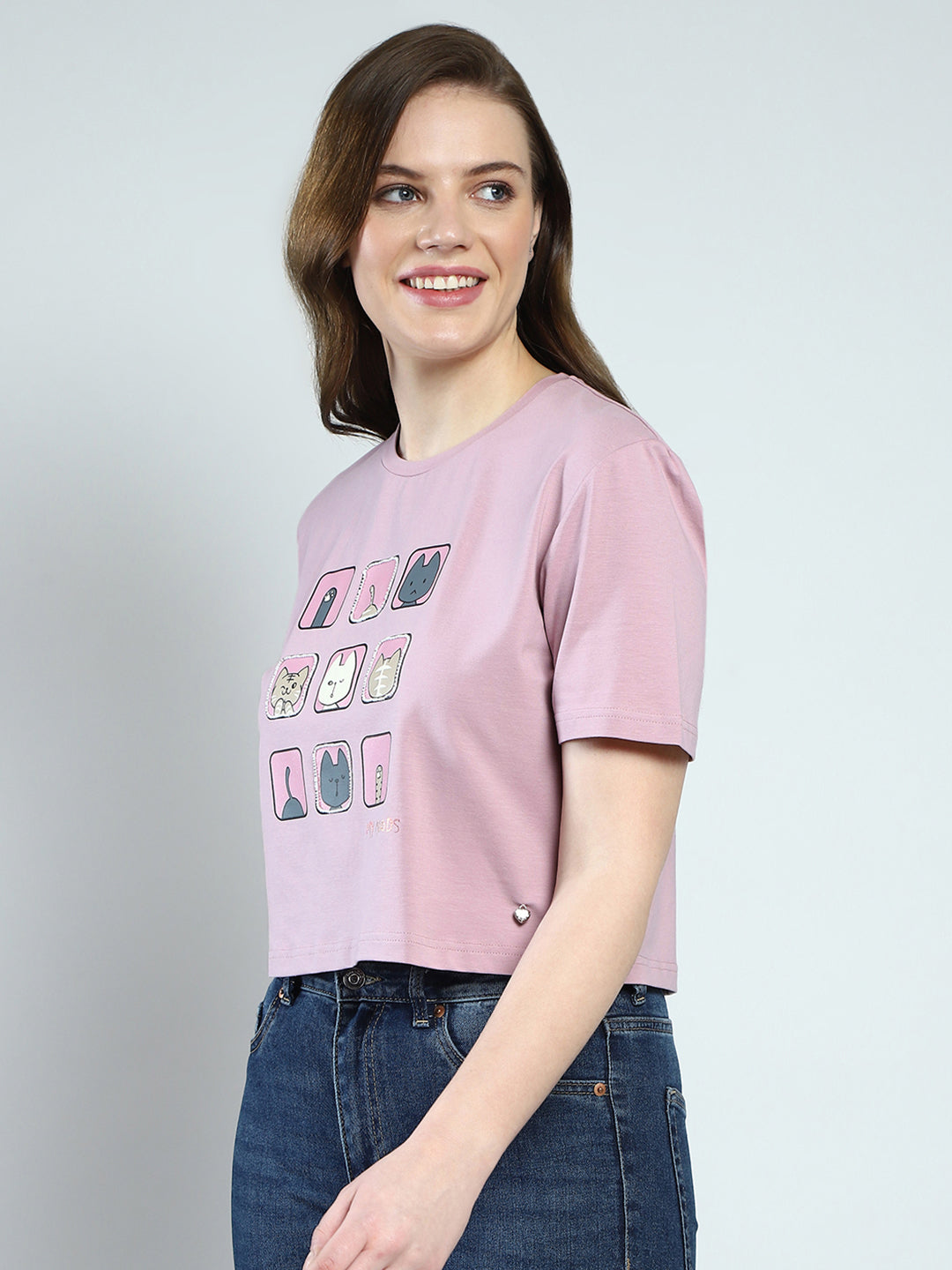 Women Pink Printed Round Neck Half Sleeve Top