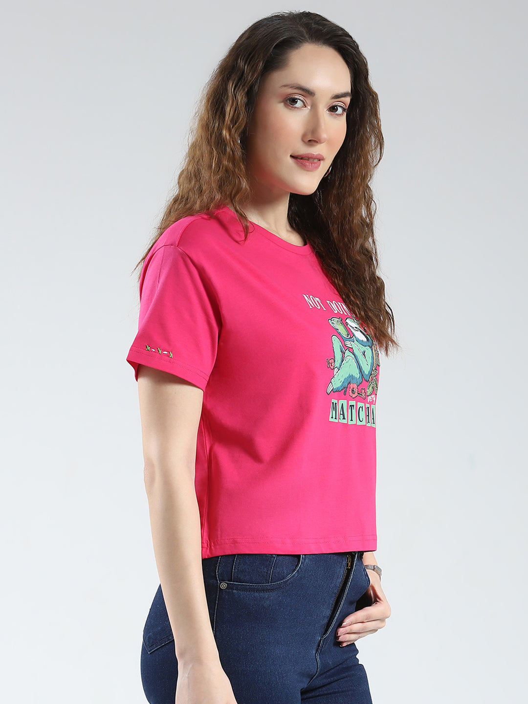 Women Magenta Printed Round Neck Half Sleeve Top