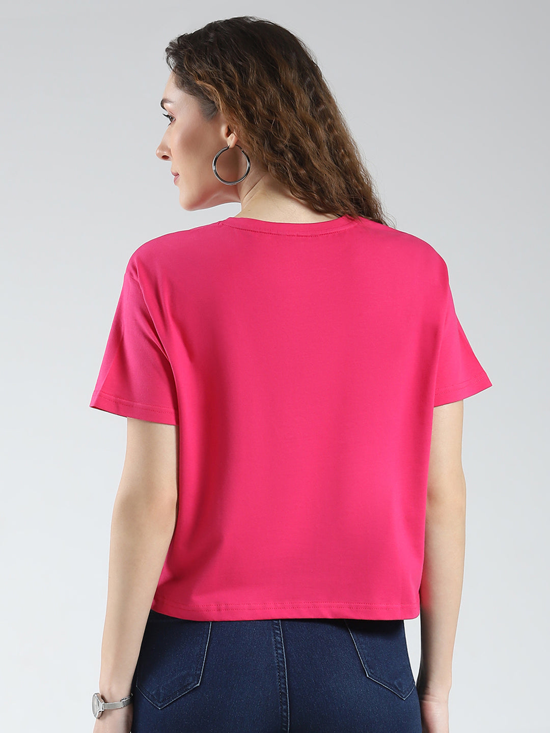 Women Magenta Printed Round Neck Half Sleeve Top