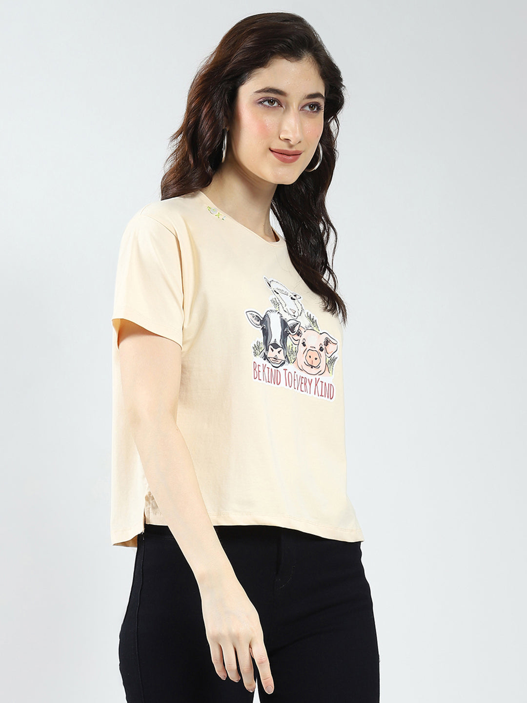 Women Beige Printed Round Neck Half Sleeve Top