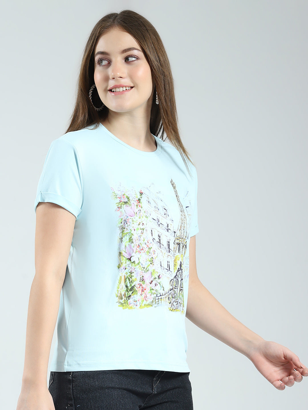 Women Blue Printed Round Neck Half Sleeve Top