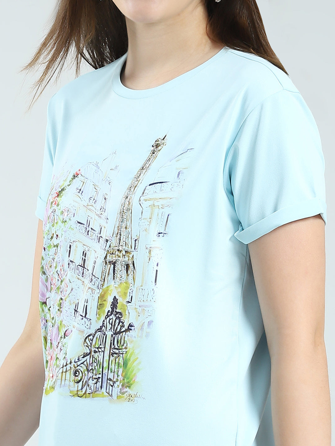 Women Blue Printed Round Neck Half Sleeve Top