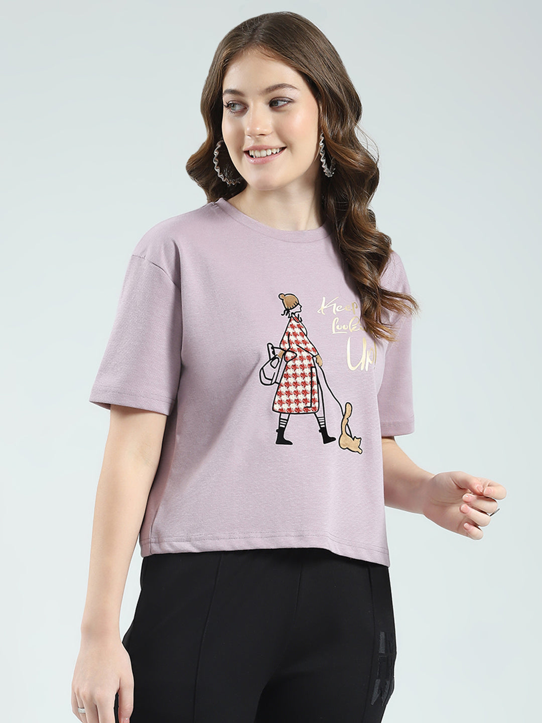 Women Purple Printed Round Neck Half Sleeve Top