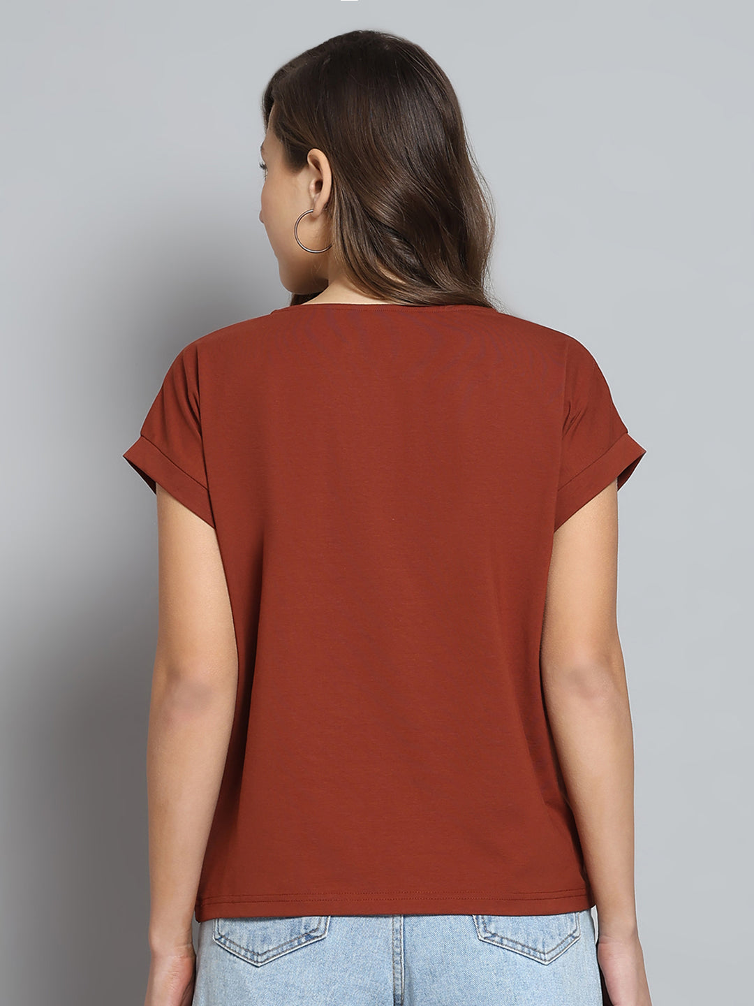 Women Brown Printed Round Neck Half Sleeve Top